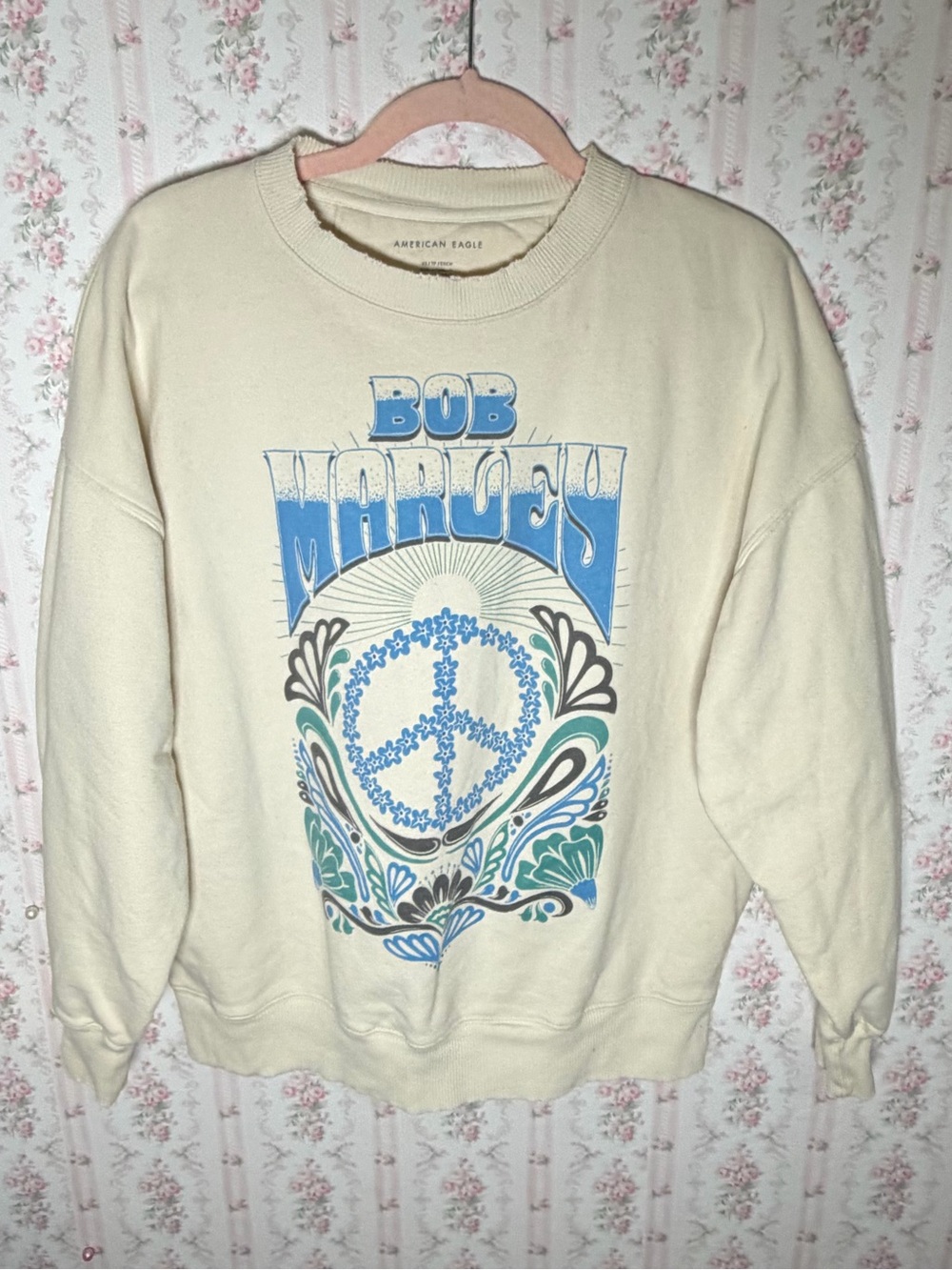 American Eagle Bob Marley Graphic Sweatshirt Cream Blue Peace Sign XS Oversized